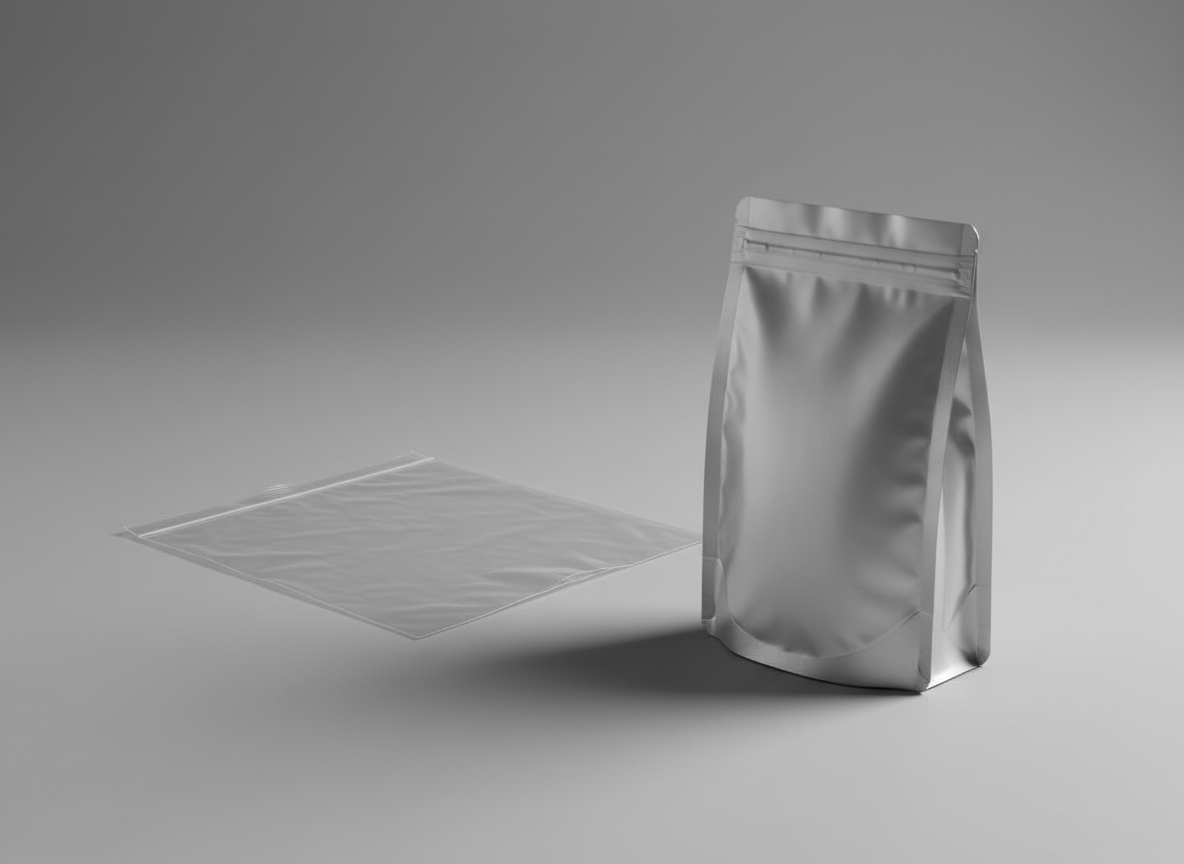 A pair of contrasting flexible packaging solutions set side by side on a smooth mid-grey surface: a clear LDPE polybag with a simple open top and a structured stand-up pouch with a press-to-close zipper and bottom gusset. The polybag lies flat, its transparent film showing faint reflections, while the pouch stands upright, its contours clearly defined. Neutral, soft studio lighting from the right casts gentle, defined shadows that highlight the difference in thickness, rigidity, and form between the two. Shot at a slightly elevated three-quarter angle, the image maintains sharp focus on both items with a minimal, uncluttered background. The mood is analytical and informative, with a modern, corporate, photographic realism style suitable for explaining product options and features.
