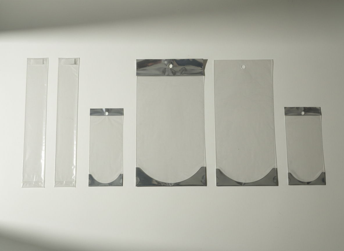 A structured lineup of unprinted flexible bags tailored for the incense stick industry placed neatly on a smooth off-white surface. The bags vary in length and width, from slender tubular LDPE sleeves to slightly wider BOPP bags with vent holes and a crisp, glossy finish. Each bag is empty yet retains its form, with some featuring simple flap closures and others open-ended for sealing. Soft, even daylight from a large unseen window creates minimal reflections and gentle, elongated shadows behind the bags. Shot from a straight-on eye-level perspective with a wide depth of field, every bag is clearly visible and evenly spaced. The atmosphere is calm, methodical, and highly organized, with a clean, corporate photographic realism suited for showcasing industry-specific packaging solutions.