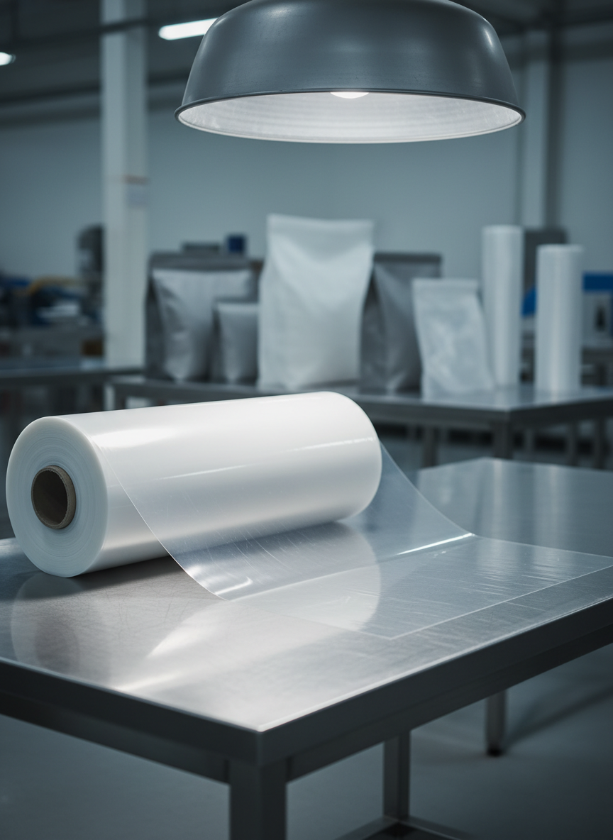 A long roll of flexible plastic film partially unwound on a sleek industrial metal table, representing raw material for polybags and pouches. The film has a smooth, glossy finish with faint texture lines running lengthwise, and its edges are perfectly straight, indicating high-quality conversion. In the background, slightly out of focus, are neutral-toned packaging samples neatly arranged along the table’s edge. Cool, diffused overhead lighting from a factory-style fixture creates soft reflections along the film and subtle gradient shadows beneath its curve. Captured from a low, side angle with the roll dominating the foreground, the composition emphasizes depth and precision. The mood is technical and industrial yet clean and controlled, aligning with a professional, corporate photographic aesthetic.