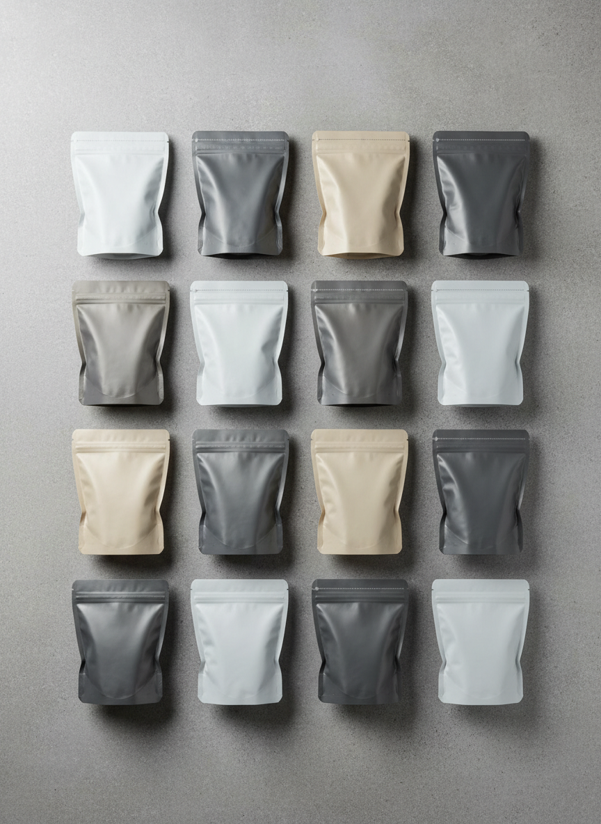 A variety of specialized pouches for food packaging displayed in a structured grid on a neutral, matte stone tabletop, including stand-up pouches with zipper closures, three-side seal pouches, and side-gusset bags. Each pouch is unbranded and semi-transparent or opaque, in subtle neutral tones like soft white, light beige, and smoky grey, showcasing different structures and seals. A cool, even overhead light source creates consistent illumination with controlled shadows that emphasize the contours and gussets. Shot from a directly overhead, bird’s-eye perspective, the composition is meticulously aligned, evoking precision and technical expertise. The mood is orderly and professional, with a clean, modern, photographic realism style ideal for a corporate flexible packaging manufacturer.