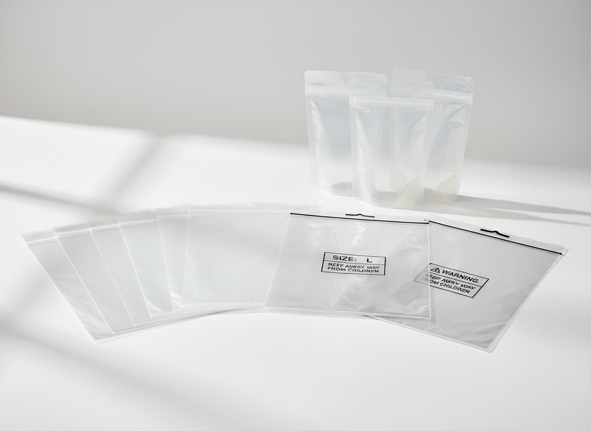 A neatly arranged assortment of transparent flexible packaging products displayed on a clean white studio surface, including crystal-clear PP polybags, slightly frosted LDPE bags, and glossy BOPP garment bags with printed size blocks and warning text. A few stand-up food pouches with zip-lock closures and gussets are positioned toward the back, their structure clearly visible even when empty. Soft, diffused daylight from the left creates gentle reflections on the plastic surfaces and subtle shadows that define edges without harsh contrast. Shot at eye level with sharp focus across the frame, the composition is balanced and symmetrical, conveying a professional, corporate aesthetic. The mood is clean, organized, and trustworthy, emphasizing quality manufacturing and product diversity in photographic realism.