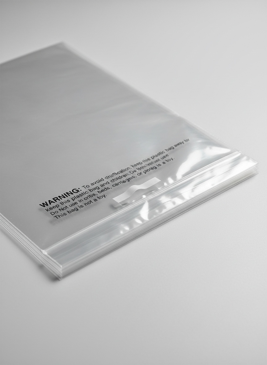 A close-up, detailed view of a stack of clear BOPP polybags for garments, perfectly aligned on a smooth light-grey background. The top bag is slightly pulled forward to reveal a peel-and-seal flap, a printed warning block, and a neatly defined resealable adhesive strip. Subtle textures in the plastic catch soft studio lighting from above, creating controlled highlights along the edges and a delicate sheen across the surface. The camera angle is slightly elevated, focusing tightly on the closure mechanism and printed details, while the background falls into a gentle blur. The atmosphere is precise and technical, with a minimalist, corporate feel that highlights the quality, clarity, and thickness of the material in photographic realism.