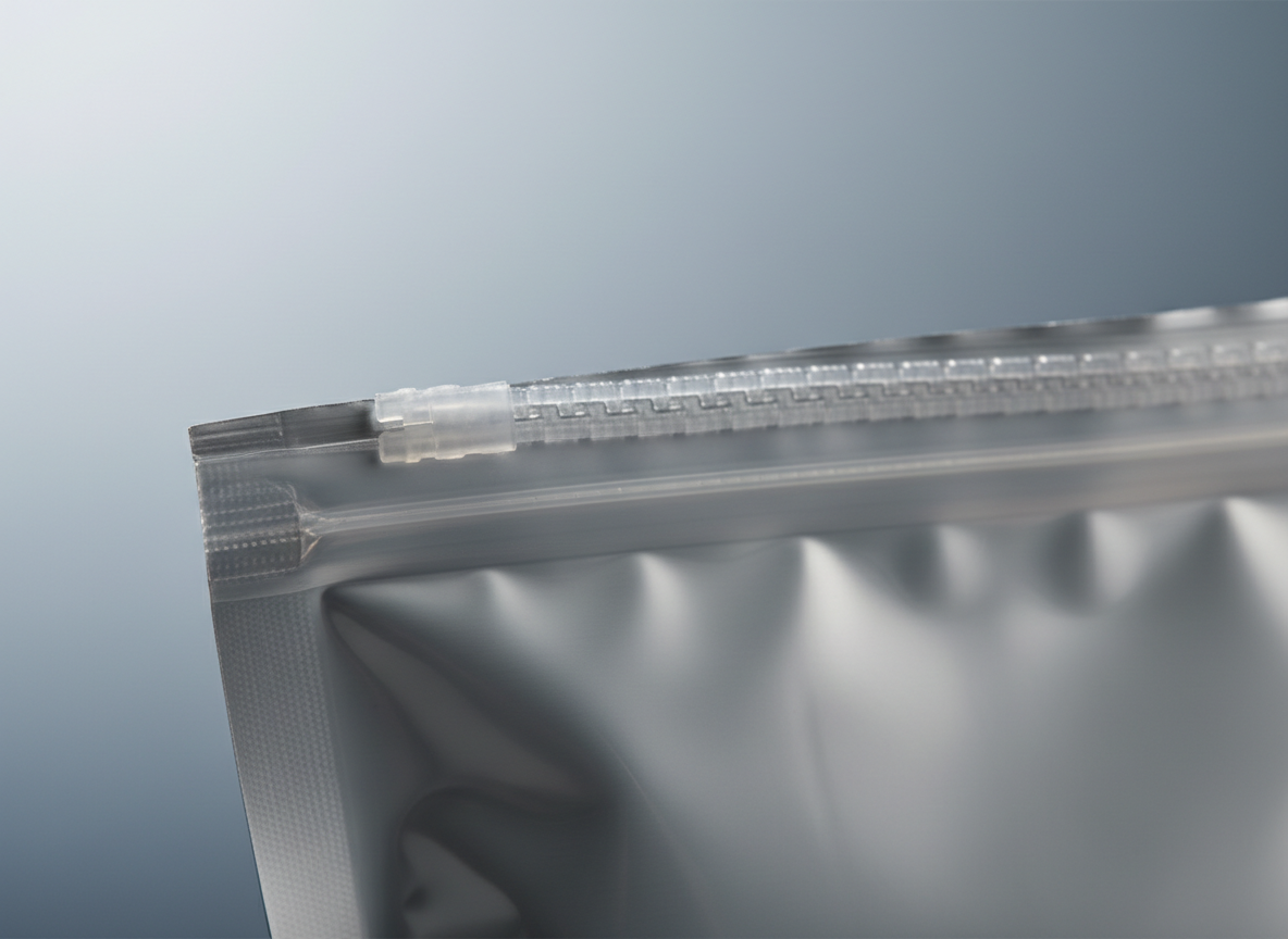 A precise, close-up macro shot of a high-quality zipper closure on a flexible food pouch, the interlocking tracks perfectly aligned and cleanly sealed into the laminated film. The pouch material shows a subtle satin sheen, with faint layering visible along the heat-sealed edge. The background is a soft, out-of-focus gradient in cool neutral tones, ensuring the closure is the clear focal point. Soft, directional studio lighting from the top-left creates minute highlights along the plastic teeth and a gentle shadow in the gusset fold. Captured at a shallow depth of field, only the closure area is in crisp focus, conveying technical excellence and reliability. The mood is precise, engineered, and professional, with a clean, corporate photographic aesthetic ideal for emphasizing closure technology.