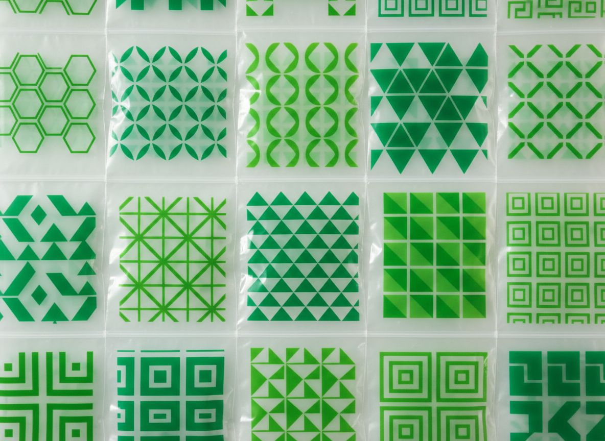 A close-up image of polybags featuring only green color printed geometric shapes instead of any warning messages. The polybags are neatly arranged to showcase the variety of shapes and the clarity of the green prints.